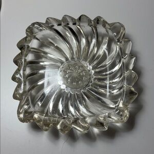 Vintage Pressed Glass Dish HEAVY Square Swirl Sawtooth Edge Trinket Candy